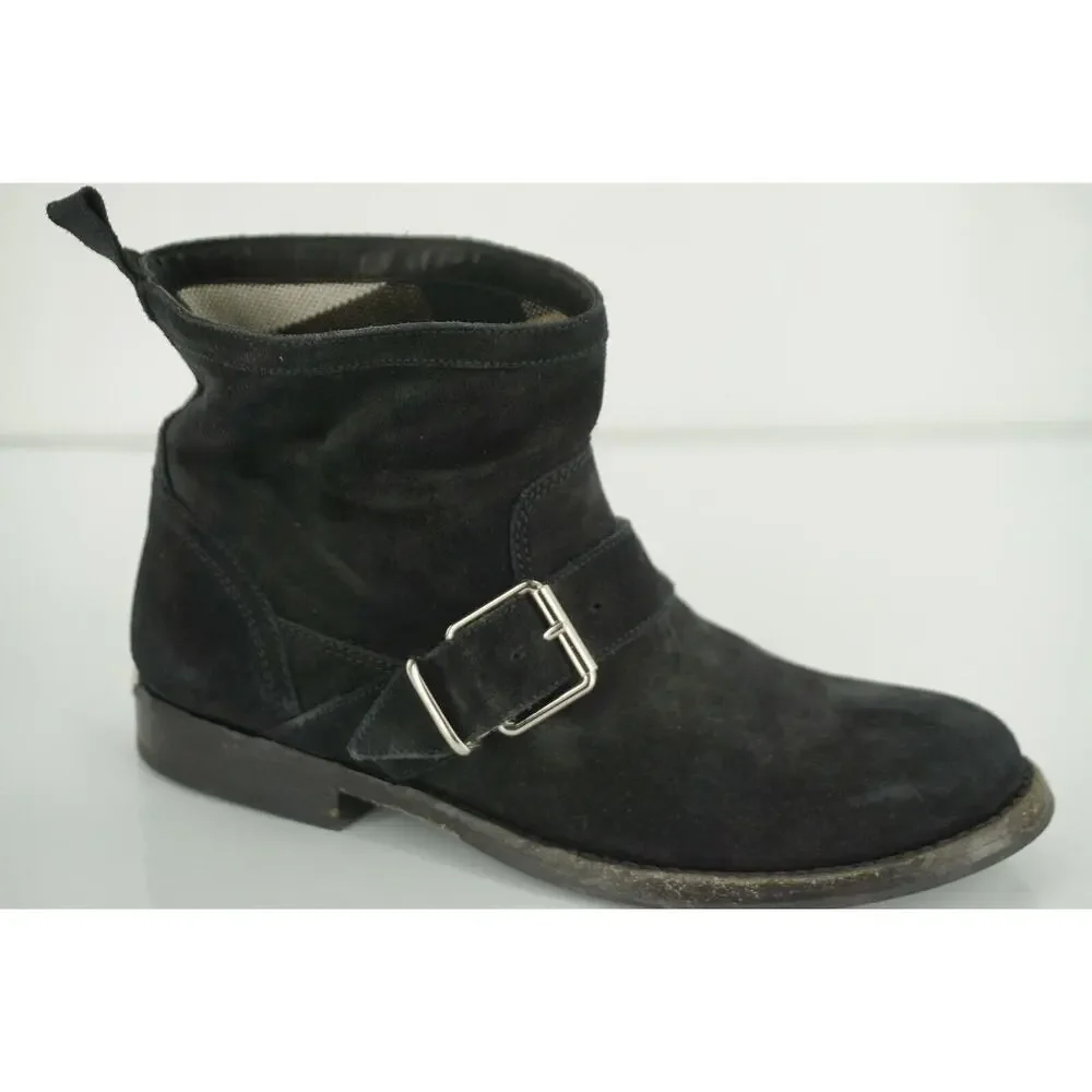 Burberry Black Suede Motor Biker Short Ankle Boots Size 35 House Check